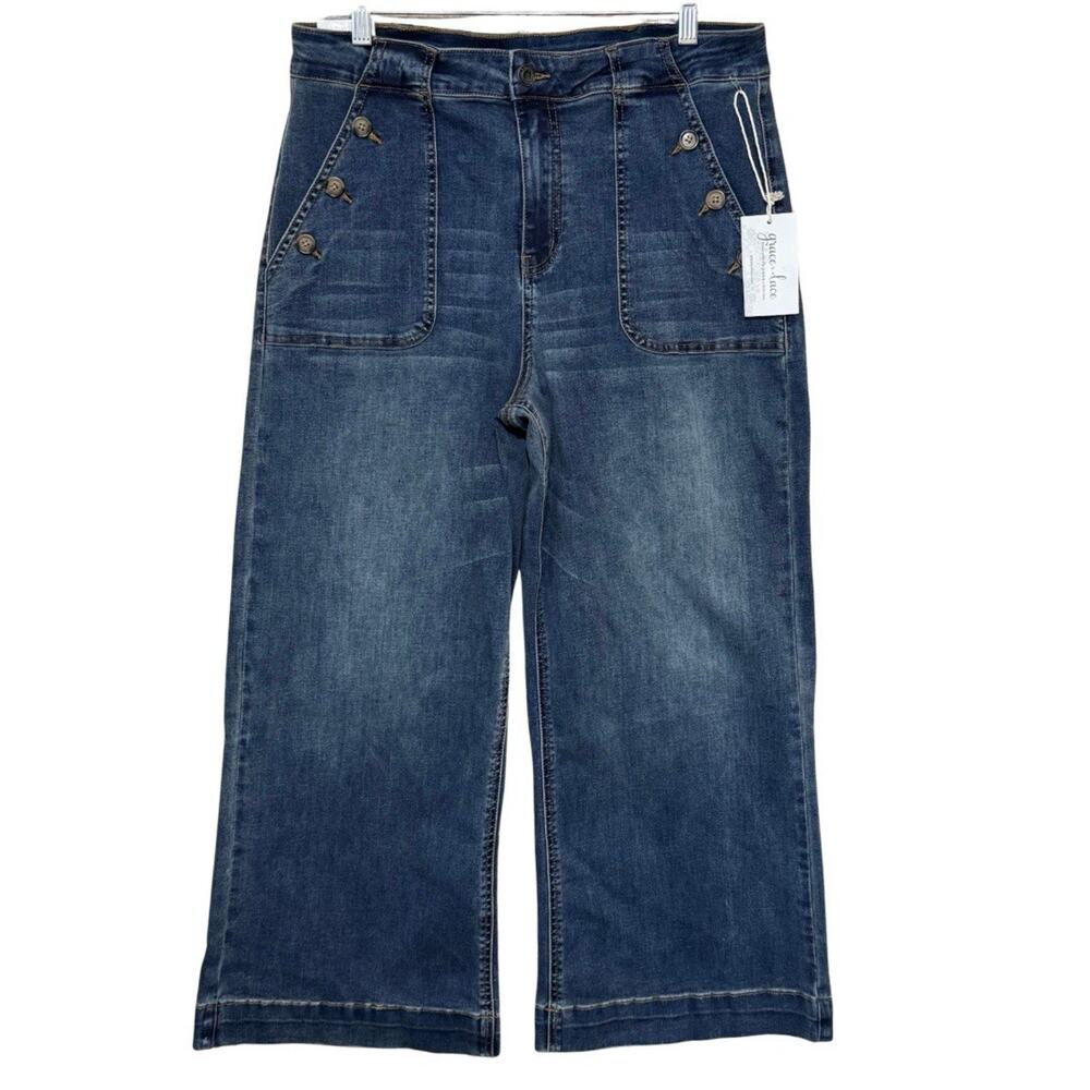 Grace & Lace Cropped Wide Leg Nautical Jeans Size 16 Blue Stretch Denim NEW